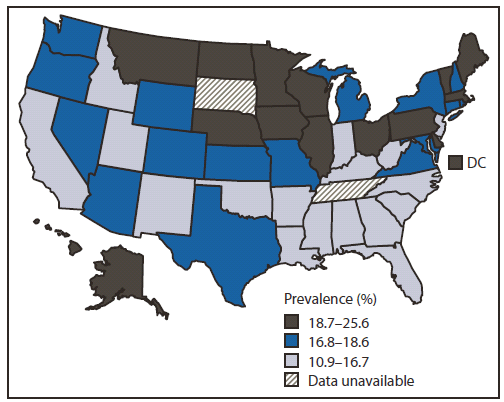 The figure shows the prevalence of binge drinking among adults in the United States during 2010, as determined from the Behavioral Risk Factor Surveillance System combined landline and cellular telephone developmental dataset. Overall, states with the highest age-adjusted prevalence of adult binge drinking were in the Midwest and New England, and included the District of Columbia, Alaska, and Hawaii.